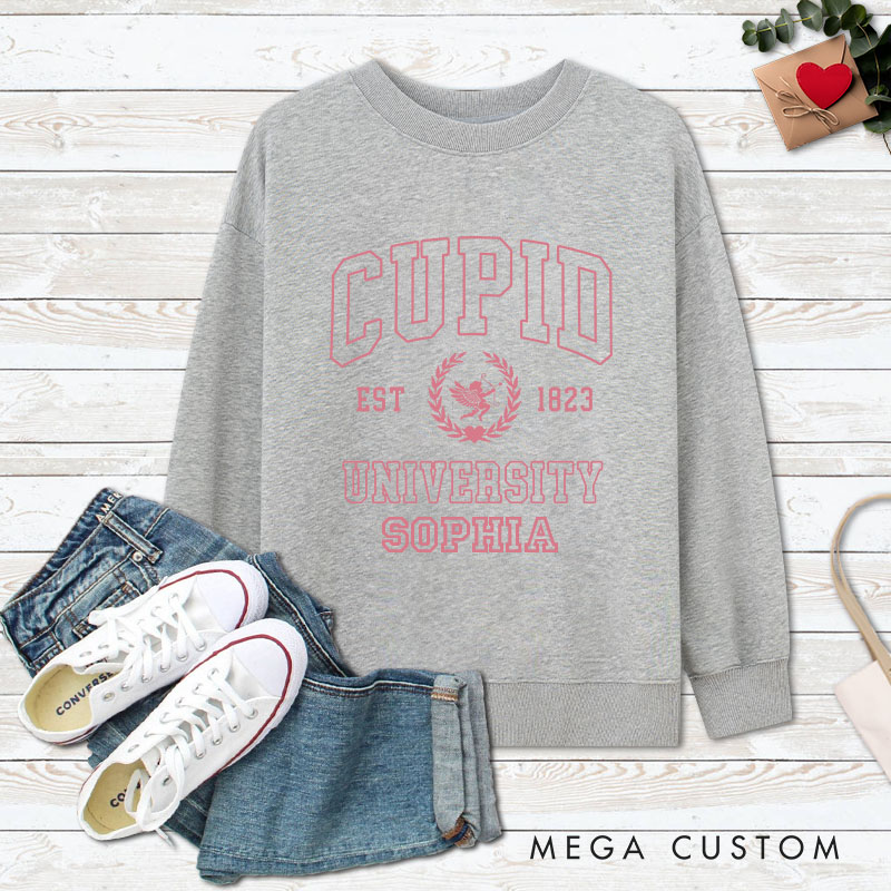 Personalized Couple Cupid University Matching Sweatshirt with Name Couple Valentine's Day Sweatshirt for Husband Wife Boyfriend Girlfriend