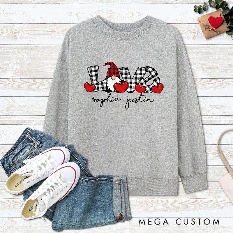 Personalized Couple Plaid Gnome LOVE Matching Sweatshirt Couple Valentine's Day Sweatshirt for Husband Wife Boyfriend Girlfriend