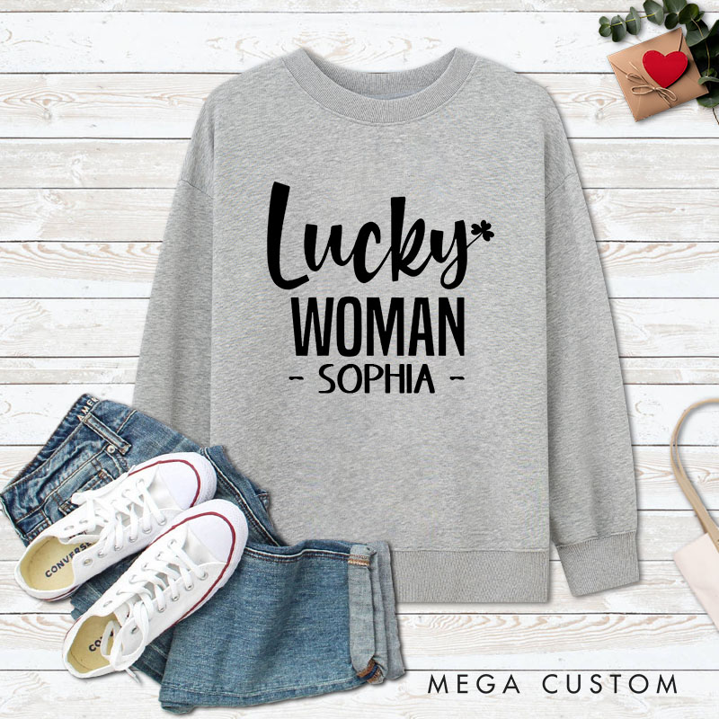 Personalized Couple Lucky Man and Lucky Woman with Clover Sweatshirt Couple Valentine's Day Sweatshirt for Husband Wife Boyfriend Girlfriend