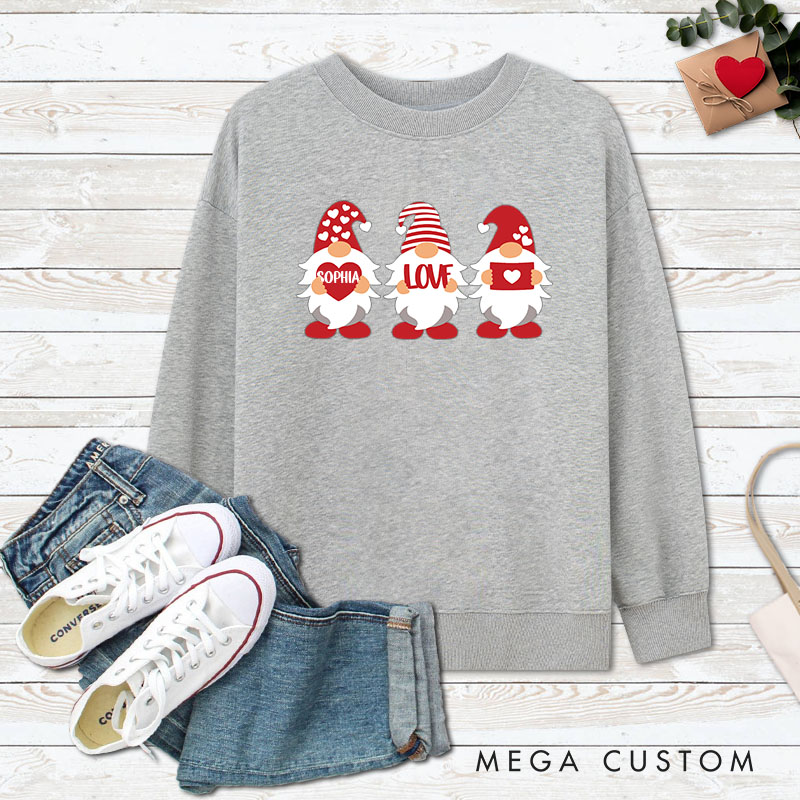 Personalized Couple Cute Red Gnome with Heart Sweatshirt Couple Valentine's Day Sweatshirt for Husband Wife Boyfriend Girlfriend