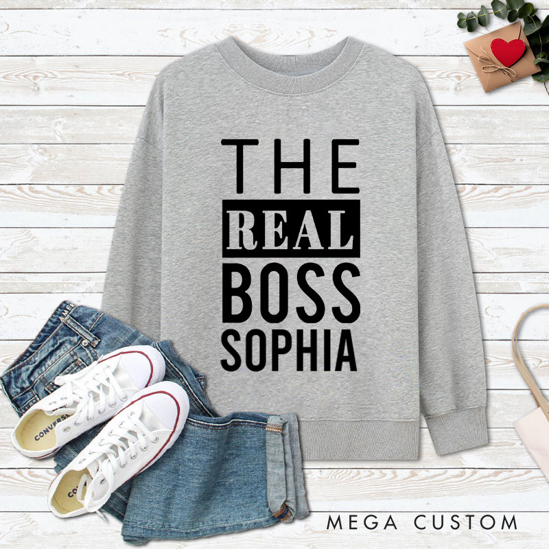Personalized Couple Minimalist The Boss and The Real Boss Matching Sweatshirt Couple Valentine's Day Sweatshirt for Husband Wife Boyfriend Girlfriend