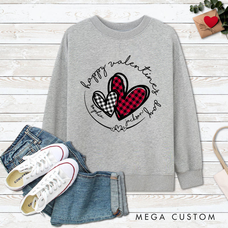 Personalized Couple Plaid Heart Matching Sweatshirt with Name Couple Valentine's Day Sweatshirt for Husband Wife Boyfriend Girlfriend