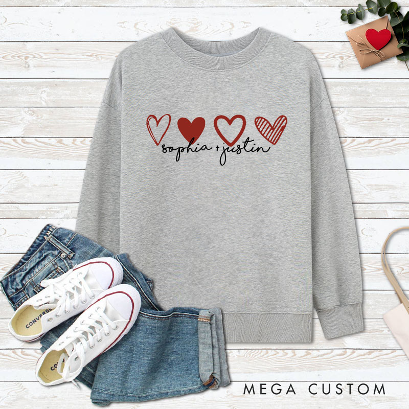 Personalized Couple 4 Red Hearts Matching Sweatshirt with Name Couple Valentine's Day Sweatshirt for Husband Wife Boyfriend Girlfriend