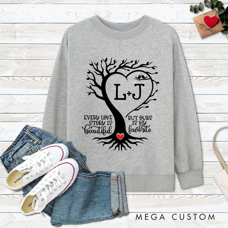 Personalized Couple Love Tree Matching Sweatshirt with Initials Couple Valentine's Day Sweatshirt for Husband Wife Boyfriend Girlfriend