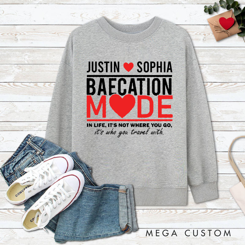 Personalized Couple Baecation Mode Matching Sweatshirt with Name Couple Valentine's Day Sweatshirt for Husband Wife Boyfriend Girlfriend