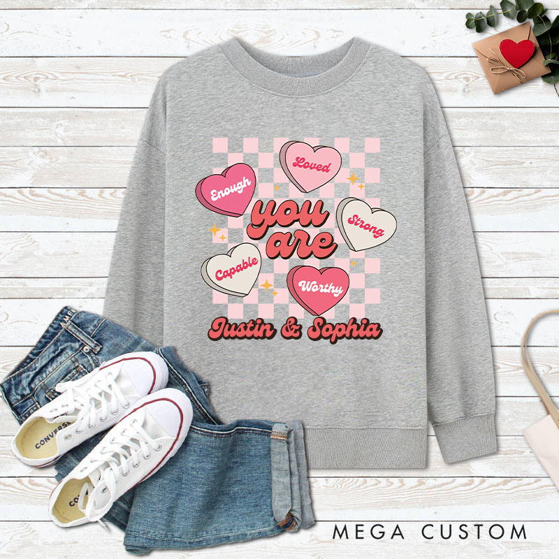 Personalized Couple Pink Checkerboard Heart Matching Sweatshirt with Name Couple Valentine's Day Sweatshirt for Husband Wife Boyfriend Girlfriend