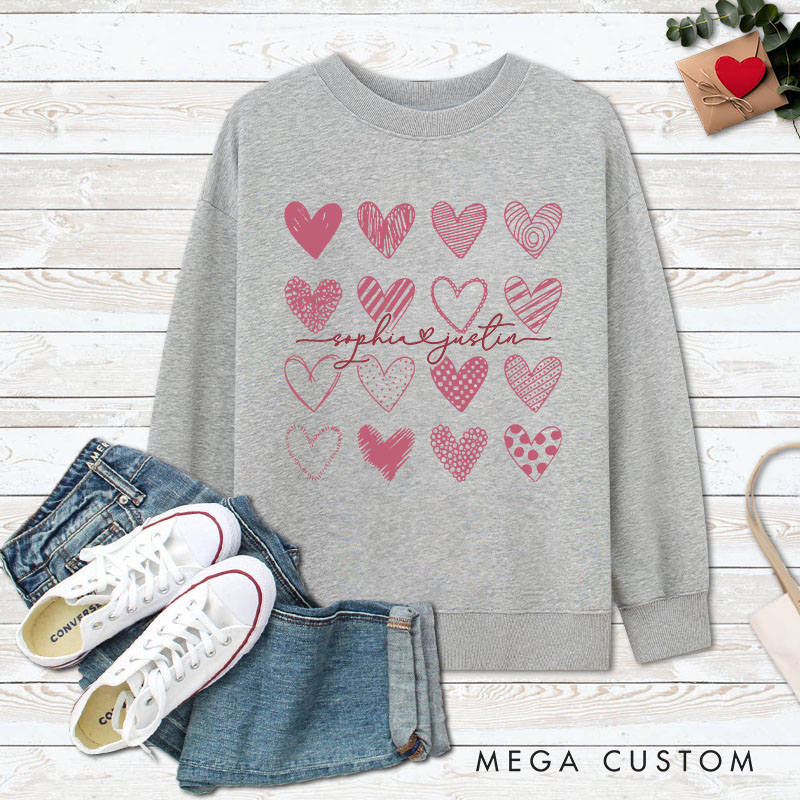 Personalized Couple charming Pink Hearts Matching Sweatshirt with Name Couple Valentine's Day Sweatshirt for Husband Wife Boyfriend Girlfriend