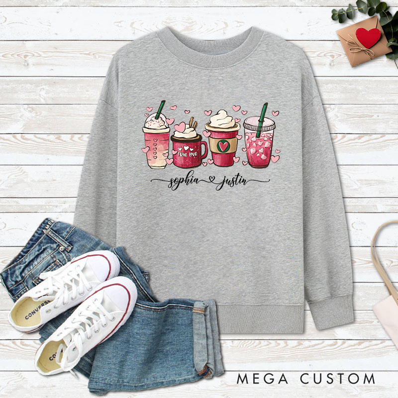Personalized Couple Pink Coffee with Heart Matching Sweatshirt Couple Valentine’s Day Sweatshirt for Husband Wife Boyfriend Girlfriend
