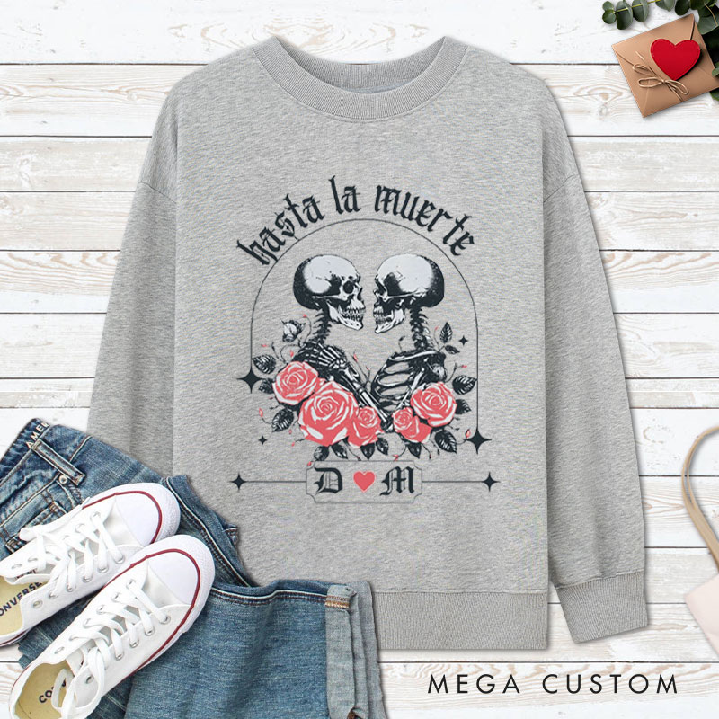 Personalized Hasta La Muerte Skeleton Couple with Roses Halloween Couple Sweatshirt