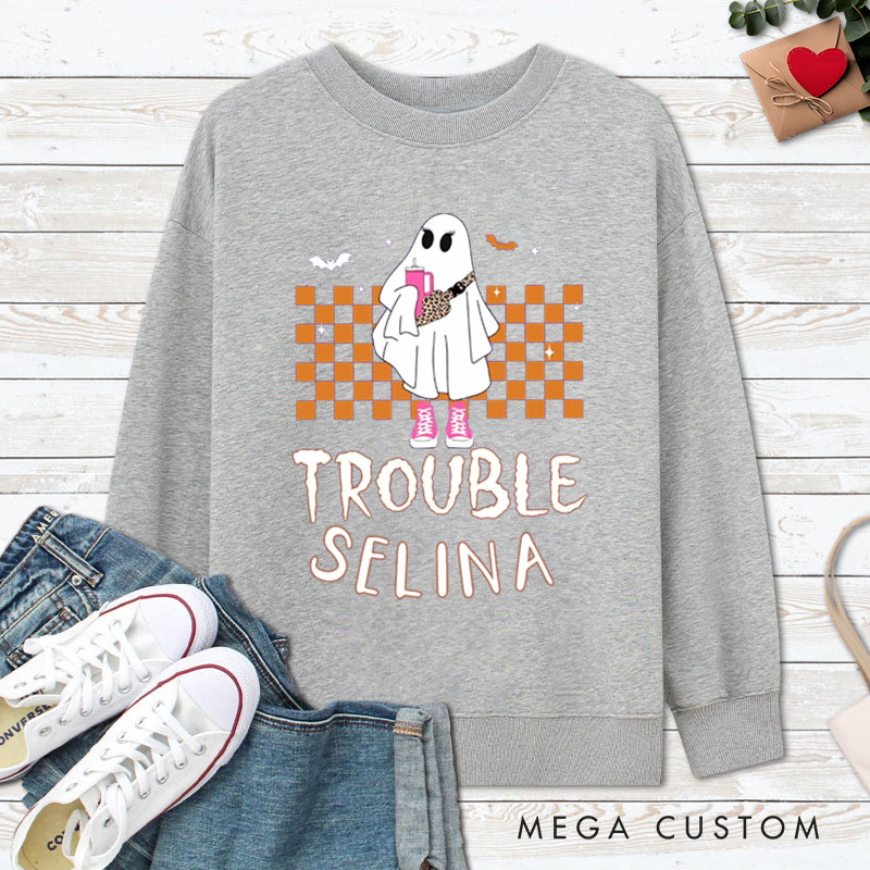 Personalized Where I Go Trouble Follows Ghost with Checkered Background Halloween Couple Sweatshirt