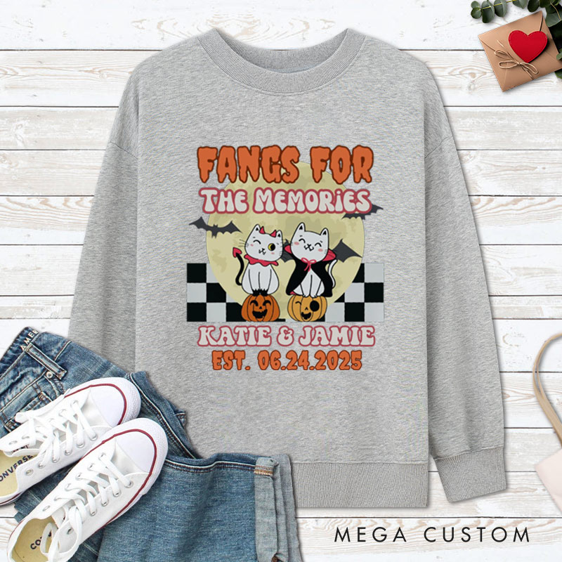 Personalized Love at First Bite and Fangs for the Memories Cat Couple Halloween Couple Sweatshirt