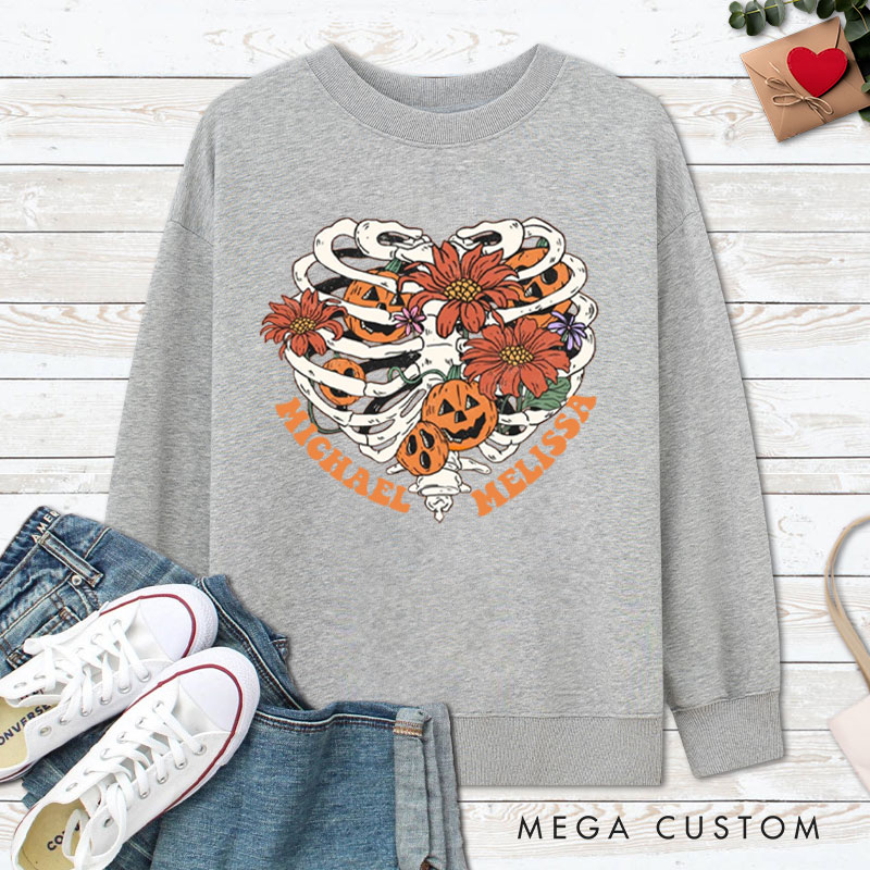 Personalized Floral Skeleton Ribcage with Pumpkins Halloween Couple Sweatshirt