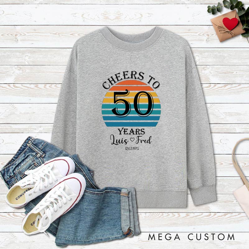 Personalized Couple 50th Anniversary Sweatshirt Retro Sunset Anniversary Tops Cheers to 50 Years Outfits for Husband Wife