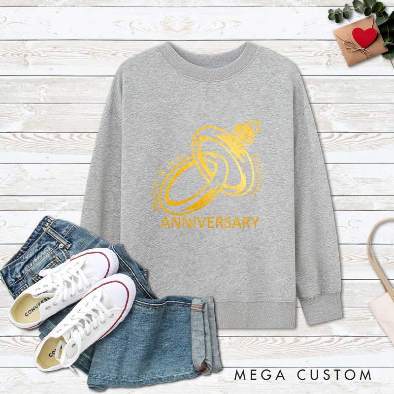 Personalized Golden Rings Anniversary Sweatshirt Elegant Celebrate Couple Anniversary Outfits for Husband Wife Anniversary Gift Tops