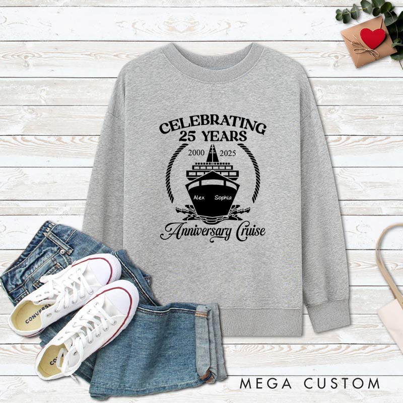 Personalized Couple 25th Cruisin Anniversary Sweatshirt Celebrating 25 Years Anniversary Cruise Outfits for Husband Wife Cruisin Gift Tops