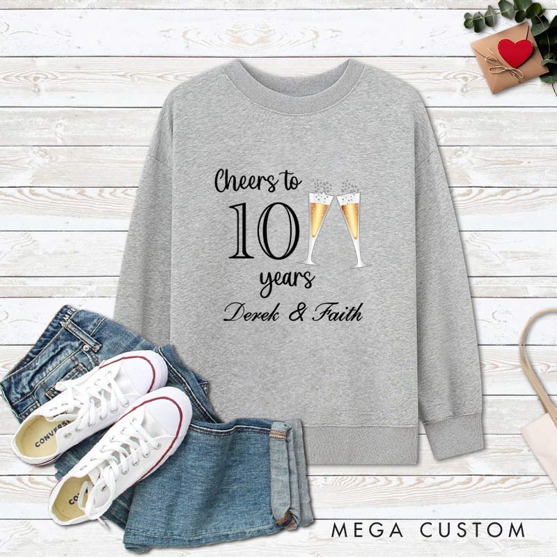 Personalized Couple 10th Anniversary Sweatshirt Cheers to 10 Years Sweatshirt Anniversary Gift Champagne Outfit for Wife Husband Couple Gift Top