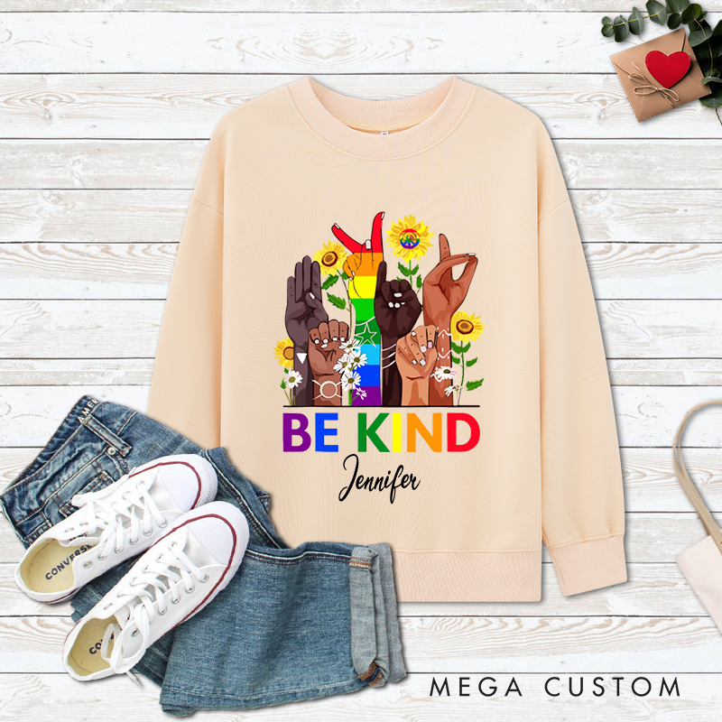 Personalized Be Kind Classic Ugly Sweatshirts with Diverse Skin Color Gestures Rainbow Elements and Sunflower Patterns Perfect Gift for Yoga Lover and Mindfulness