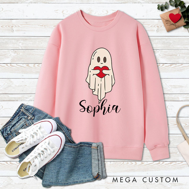 Personalized Couple Ghost Holding a Heart Matching Sweatshirt with Name Couple Valentine's Day Sweatshirt for Husband Wife Boyfriend Girlfriend