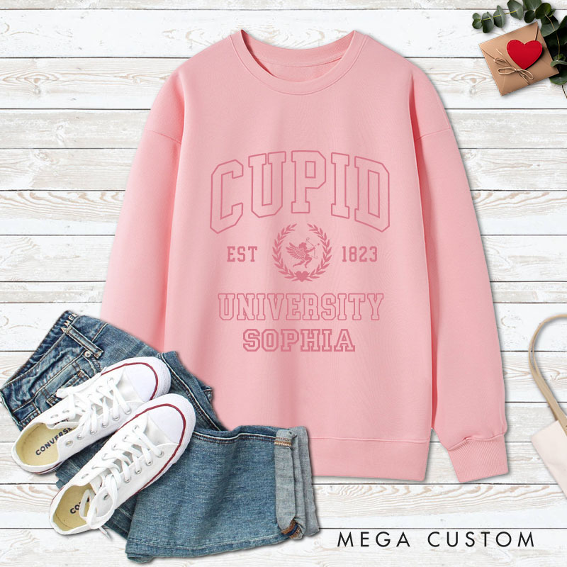 Personalized Couple Cupid University Matching Sweatshirt with Name Couple Valentine's Day Sweatshirt for Husband Wife Boyfriend Girlfriend