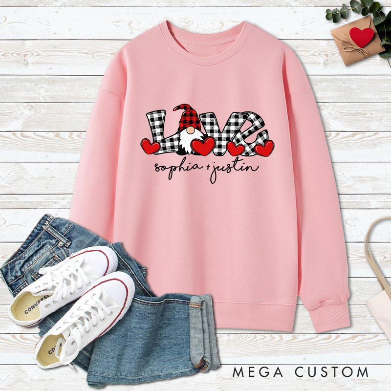 Personalized Couple Plaid Gnome LOVE Matching Sweatshirt Couple Valentine's Day Sweatshirt for Husband Wife Boyfriend Girlfriend