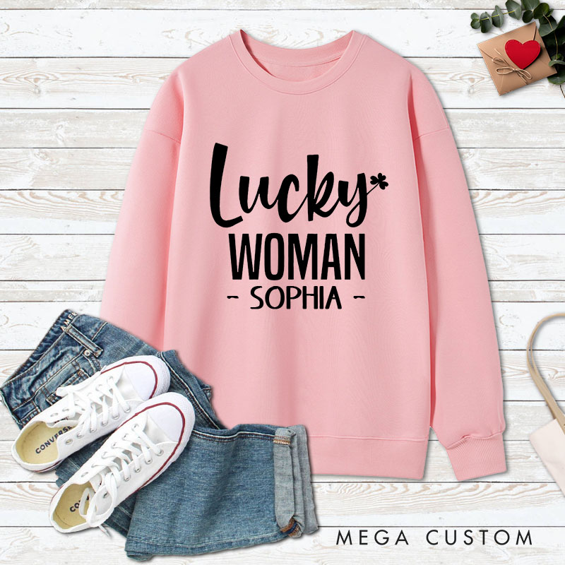 Personalized Couple Lucky Man and Lucky Woman with Clover Sweatshirt Couple Valentine's Day Sweatshirt for Husband Wife Boyfriend Girlfriend