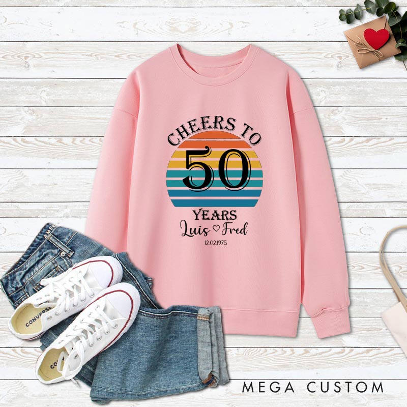 Personalized Couple 50th Anniversary Sweatshirt Retro Sunset Anniversary Tops Cheers to 50 Years Outfits for Husband Wife