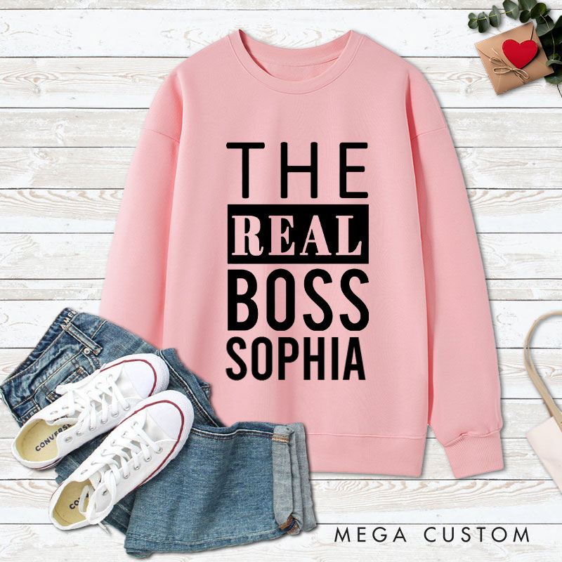 Personalized Couple Minimalist The Boss and The Real Boss Matching Sweatshirt Couple Valentine's Day Sweatshirt for Husband Wife Boyfriend Girlfriend