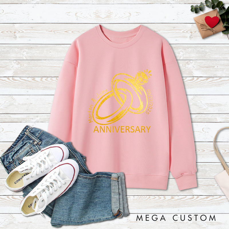 Personalized Golden Rings Anniversary Sweatshirt Elegant Celebrate Couple Anniversary Outfits for Husband Wife Anniversary Gift Tops