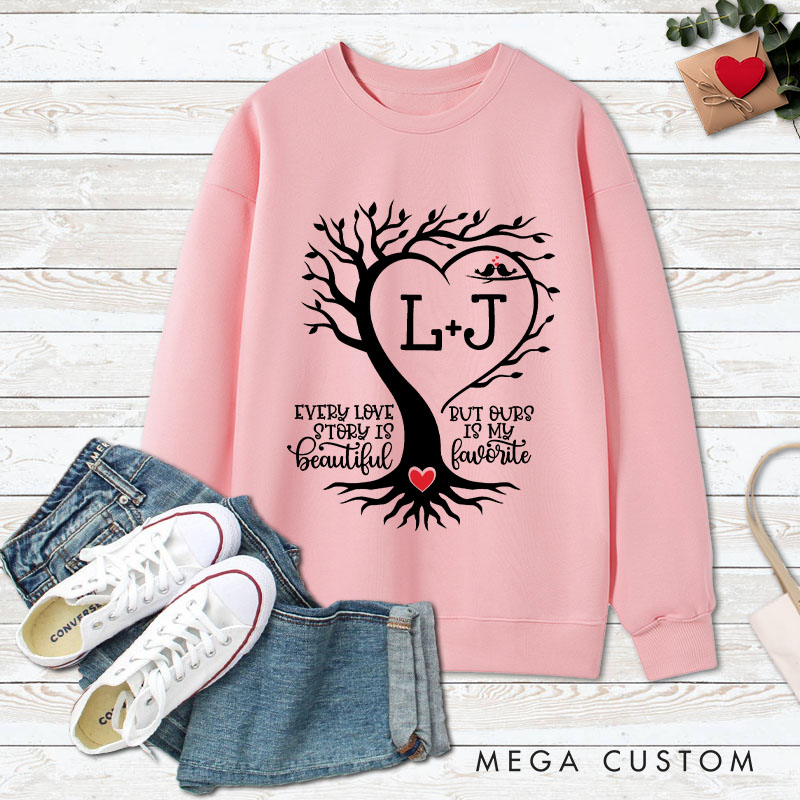 Personalized Couple Love Tree Matching Sweatshirt with Initials Couple Valentine's Day Sweatshirt for Husband Wife Boyfriend Girlfriend