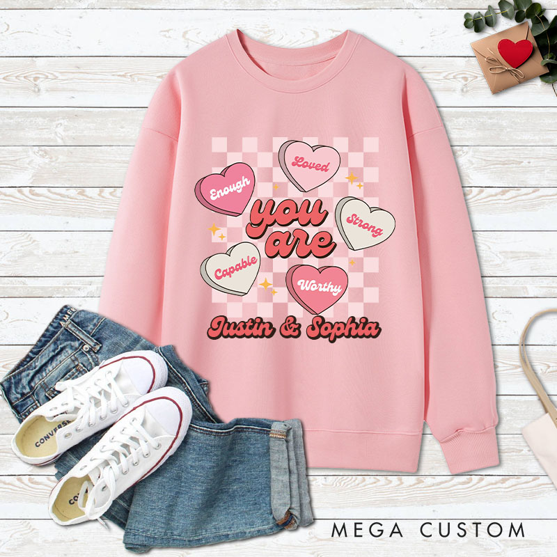 Personalized Couple Pink Checkerboard Heart Matching Sweatshirt with Name Couple Valentine's Day Sweatshirt for Husband Wife Boyfriend Girlfriend