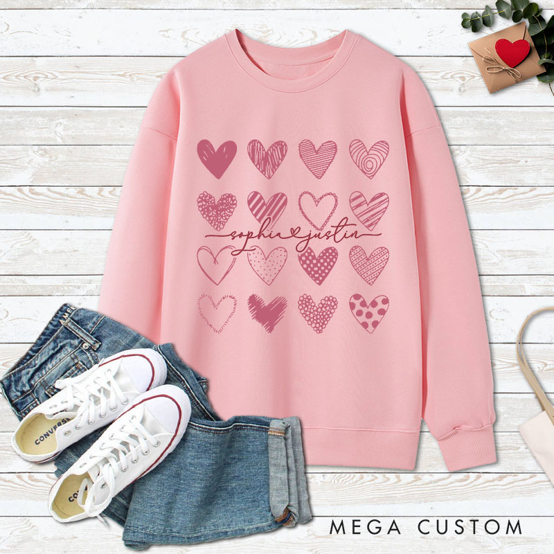 Personalized Couple charming Pink Hearts Matching Sweatshirt with Name Couple Valentine's Day Sweatshirt for Husband Wife Boyfriend Girlfriend