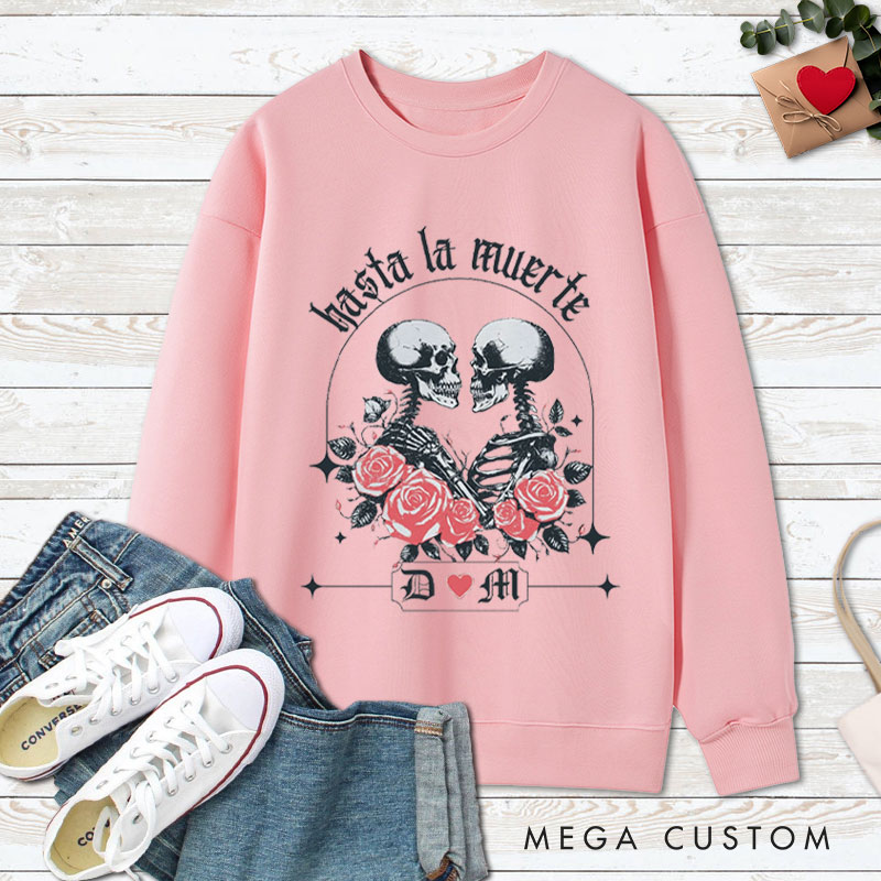 Personalized Hasta La Muerte Skeleton Couple with Roses Halloween Couple Sweatshirt