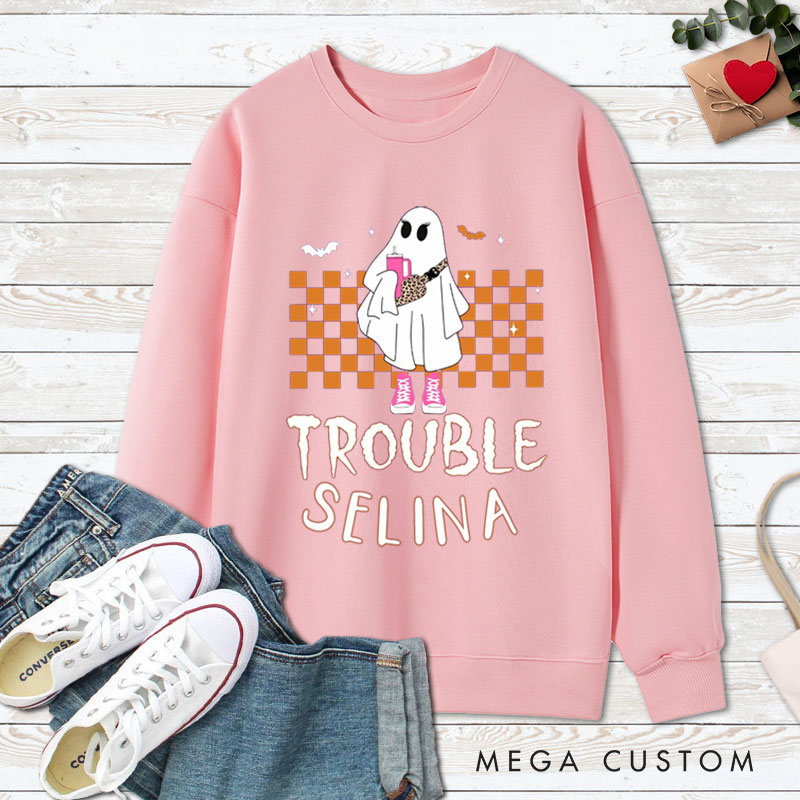 Personalized Where I Go Trouble Follows Ghost with Checkered Background Halloween Couple Sweatshirt