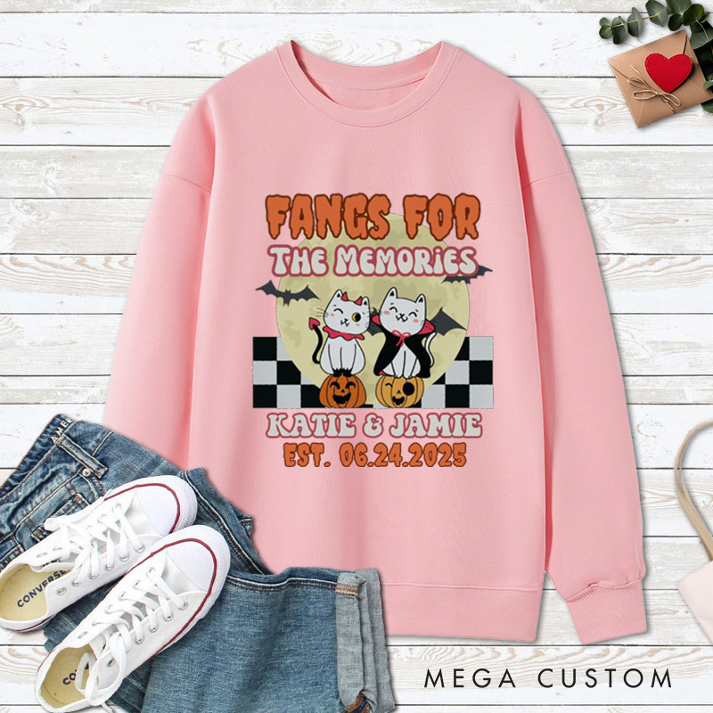 Personalized Love at First Bite and Fangs for the Memories Cat Couple Halloween Couple Sweatshirt