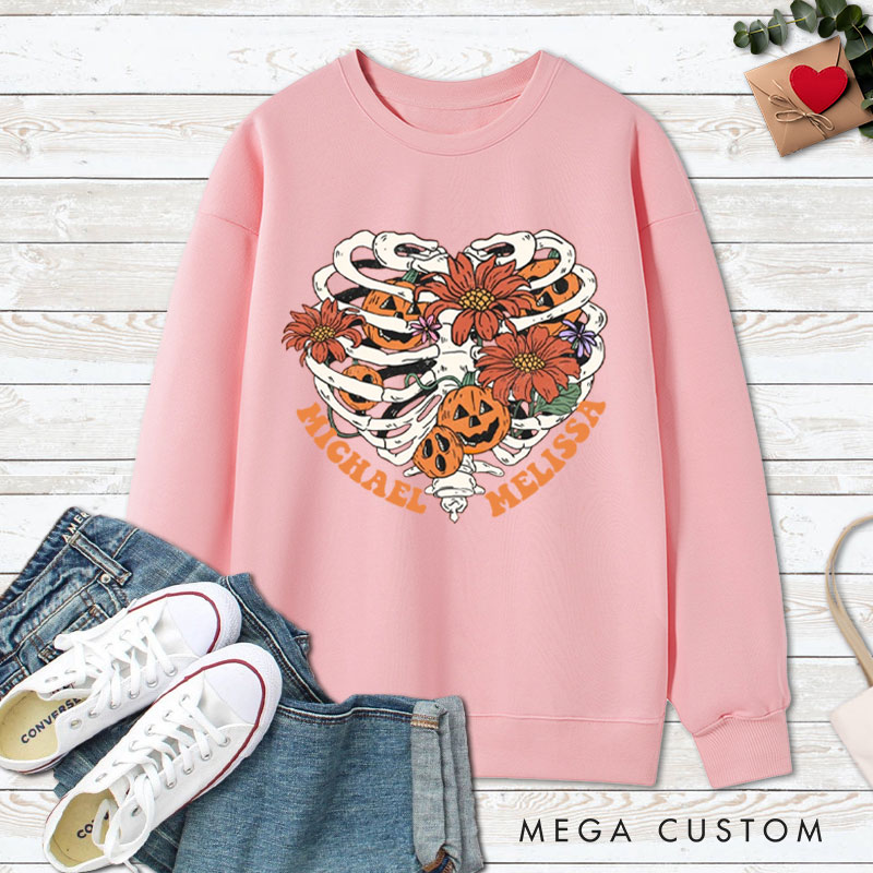 Personalized Floral Skeleton Ribcage with Pumpkins Halloween Couple Sweatshirt