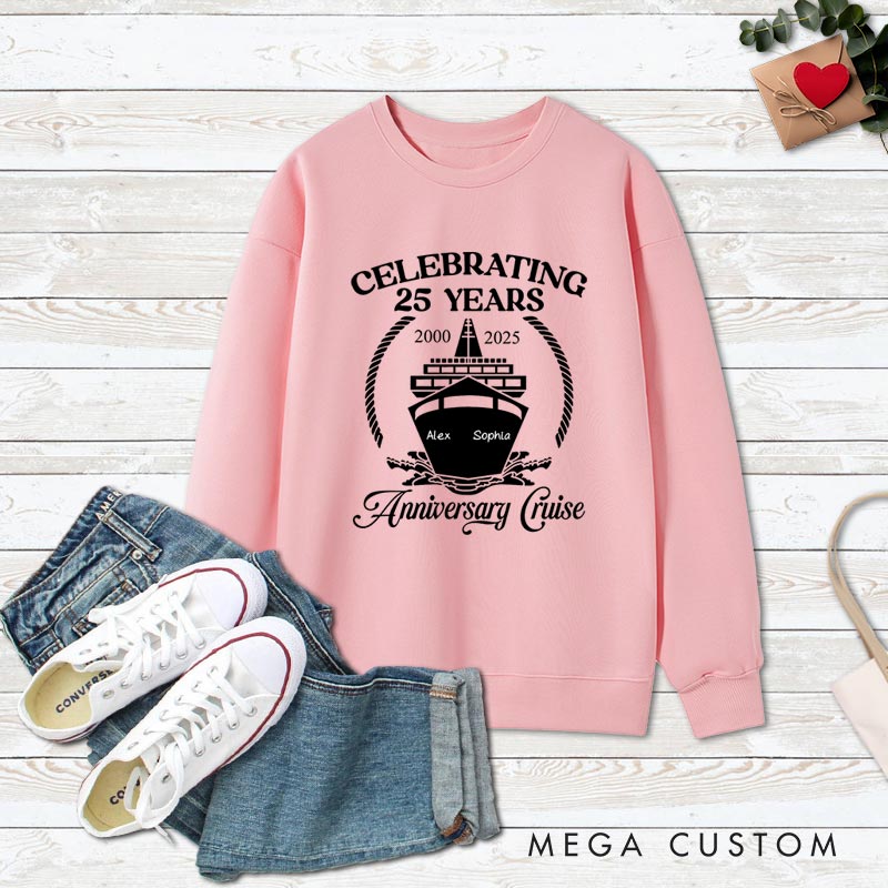 Personalized Couple 25th Cruisin Anniversary Sweatshirt Celebrating 25 Years Anniversary Cruise Outfits for Husband Wife Cruisin Gift Tops