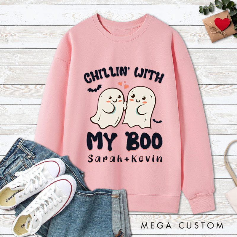 Personalized Chillin' with My Boo Ghost Couple Halloween Couple Sweatshirt