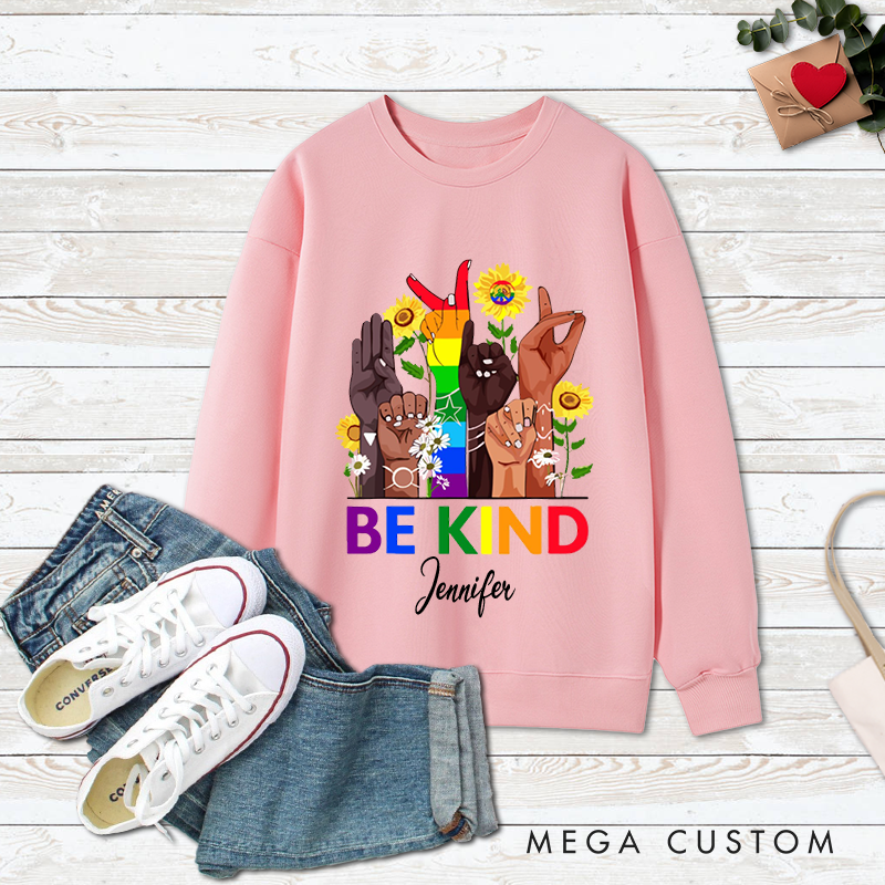Personalized Be Kind Classic Ugly Sweatshirts with Diverse Skin Color Gestures Rainbow Elements and Sunflower Patterns Perfect Gift for Yoga Lover and Mindfulness