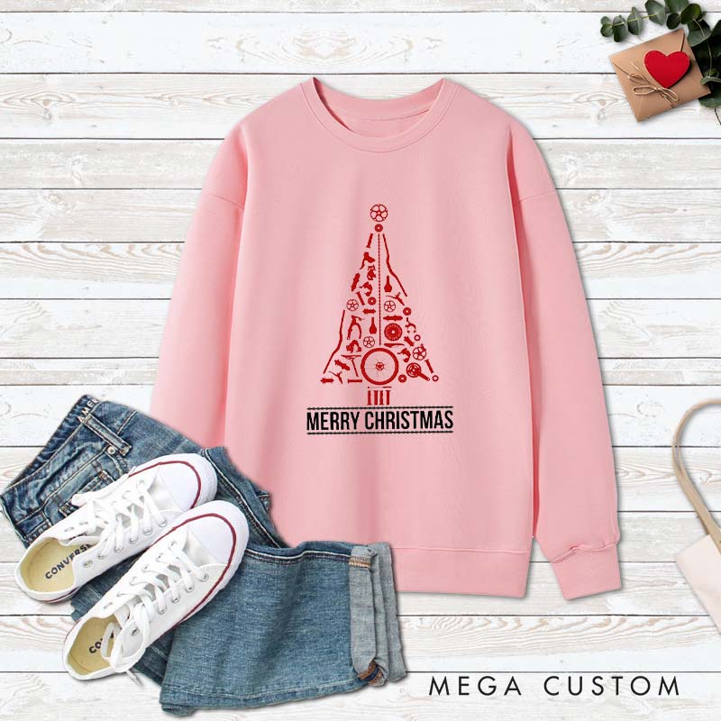 Personalized Bicycle Classic Christmas Sweatshirt Bike Parts Christmas Tree for Cycling Lovers