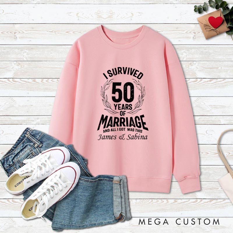 Personalized Couple 50th Anniversary Sweatshirt I Survived 50 Years of Marriage Outfit Anniversary Humorous Golden Sweatshirt Couple Gift Tee