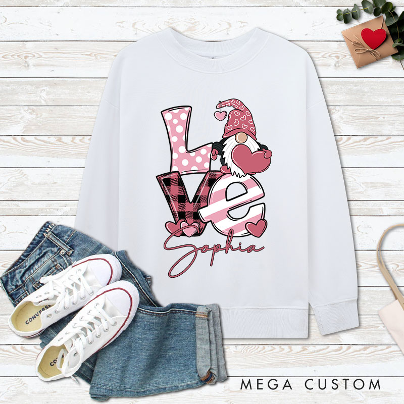 Personalized Couple Playful LOVE Gnome Matching Sweatshirt with Name Couple Valentine’s Day Sweatshirt for Husband Wife Boyfriend Girlfriend