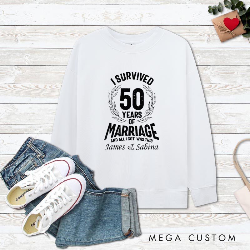Personalized Couple 50th Anniversary Sweatshirt I Survived 50 Years of Marriage Outfit Anniversary Humorous Golden Sweatshirt Couple Gift Tee