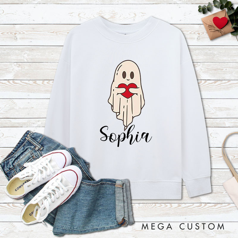 Personalized Couple Ghost Holding a Heart Matching Sweatshirt with Name Couple Valentine's Day Sweatshirt for Husband Wife Boyfriend Girlfriend