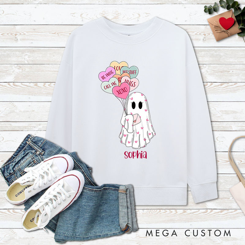 Personalized Couple Ghost Holding Heart Balloon Matching Sweatshirt Couple Valentine's Day Sweatshirt for Husband Wife Boyfriend Girlfriend