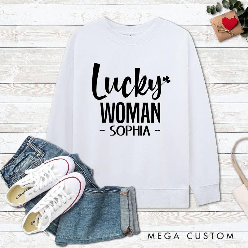 Personalized Couple Lucky Man and Lucky Woman with Clover Sweatshirt Couple Valentine's Day Sweatshirt for Husband Wife Boyfriend Girlfriend