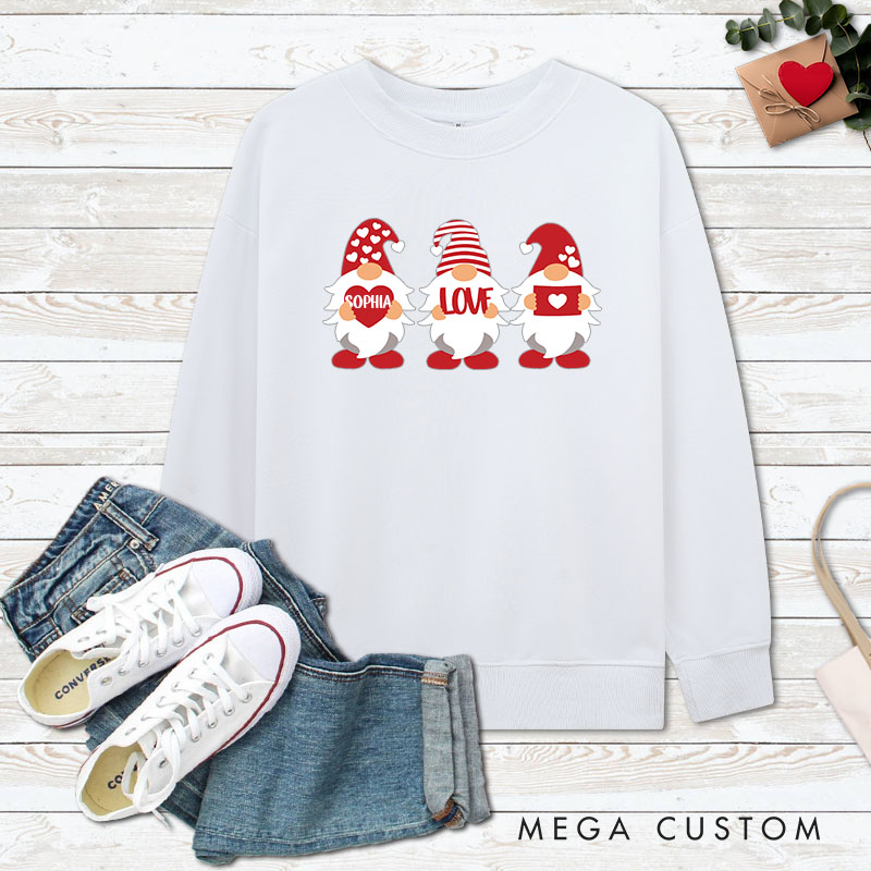 Personalized Couple Cute Red Gnome with Heart Sweatshirt Couple Valentine's Day Sweatshirt for Husband Wife Boyfriend Girlfriend