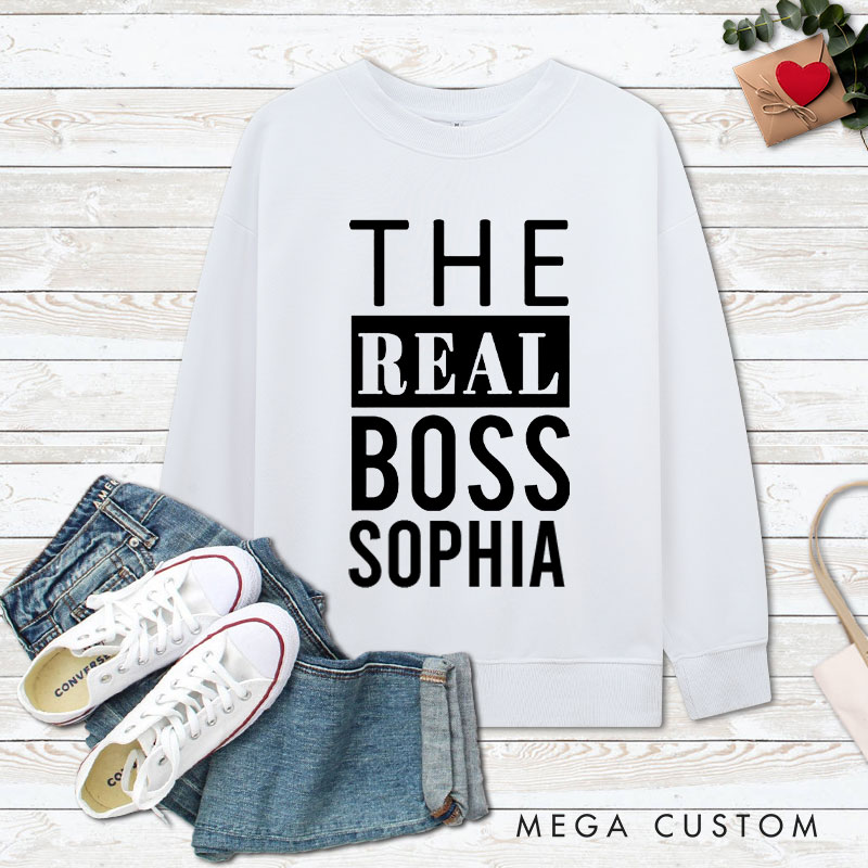 Personalized Couple Minimalist The Boss and The Real Boss Matching Sweatshirt Couple Valentine's Day Sweatshirt for Husband Wife Boyfriend Girlfriend