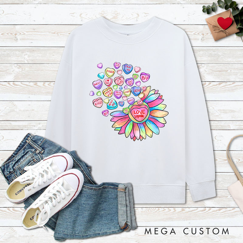Personalized Couple Colorful Flower with Heart Matching Sweatshirt Couple Valentine's Day Sweatshirt for Husband Wife Boyfriend Girlfriend