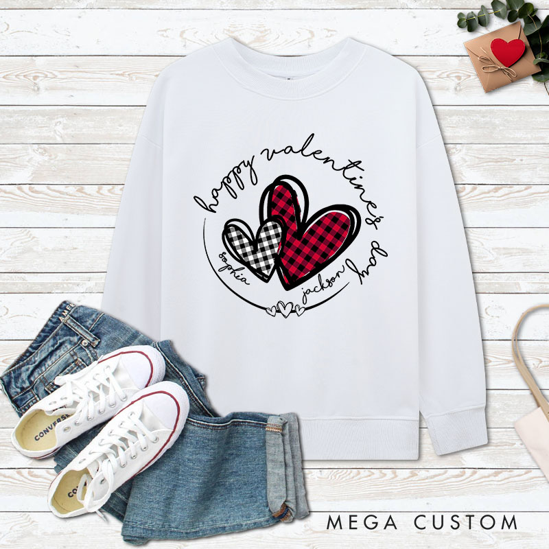 Personalized Couple Plaid Heart Matching Sweatshirt with Name Couple Valentine's Day Sweatshirt for Husband Wife Boyfriend Girlfriend