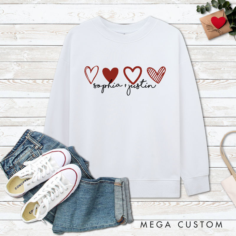 Personalized Couple 4 Red Hearts Matching Sweatshirt with Name Couple Valentine's Day Sweatshirt for Husband Wife Boyfriend Girlfriend